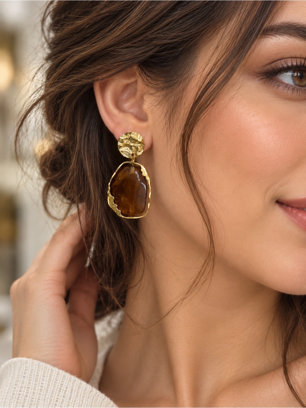 Gold-tone Amber Brown Drop Earrings